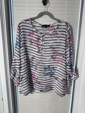 Tommy Hilfiger White Striped Blouse with Pink & Blue Floral Print